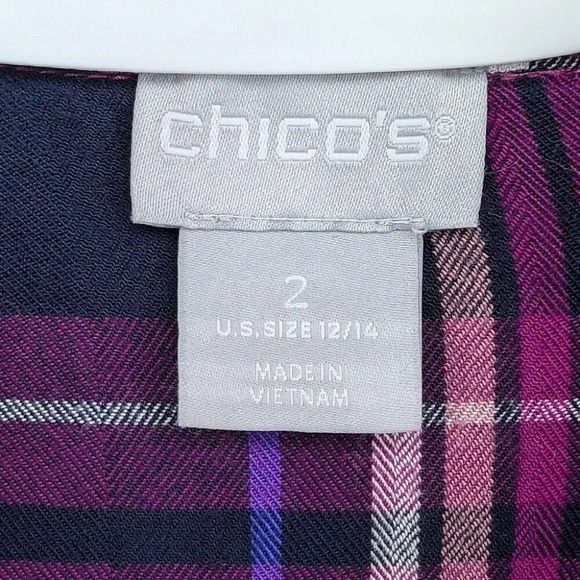 Chico's Purple Navy Ruffled Plaid Button Down Blouse Size 2 - Large Womens - Picture 4 of 11